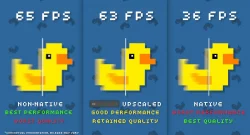 Three-panel poster showing a yellow pixel duck with an orange beak on a blue background; FPS numbers read 65, 63, and 36 across panels, with captions about performance and quality: Best Performance/Worst Quality, Good Performance/Retained Quality, Worst Performance/Best Quality.