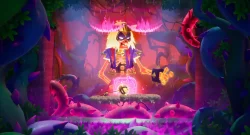 Neon skeletal boss with a purple cloak stands on a stone platform in a glowing pink jungle cavern, preparing an attack.