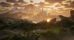 Sunset over a distant, ornate castle by the water, with jagged rocks and mountains; a group of travelers in the foreground.