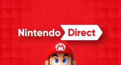 Nintendo Direct logo on a bright red background with a Mario silhouette peeking up from the bottom edge, recognizable by Mario’s red hat and blue eyes.