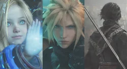Triptych collage of three video game characters: a blonde woman with blue eyes and raised hand (left), Cloud Strife in the center, and a swordsman seen from behind with a long blade (right).