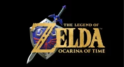 Logo for The Legend of Zelda: Ocarina of Time featuring a gold title over a shield and sword image on a black background.