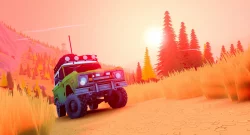 Green off-road truck driving through a warm sunset desert with stylized trees nearby.