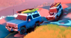 Two blue off-road SUVs navigate a rocky hill at sunset, a surfboard strapped to the roof of the leading vehicle.