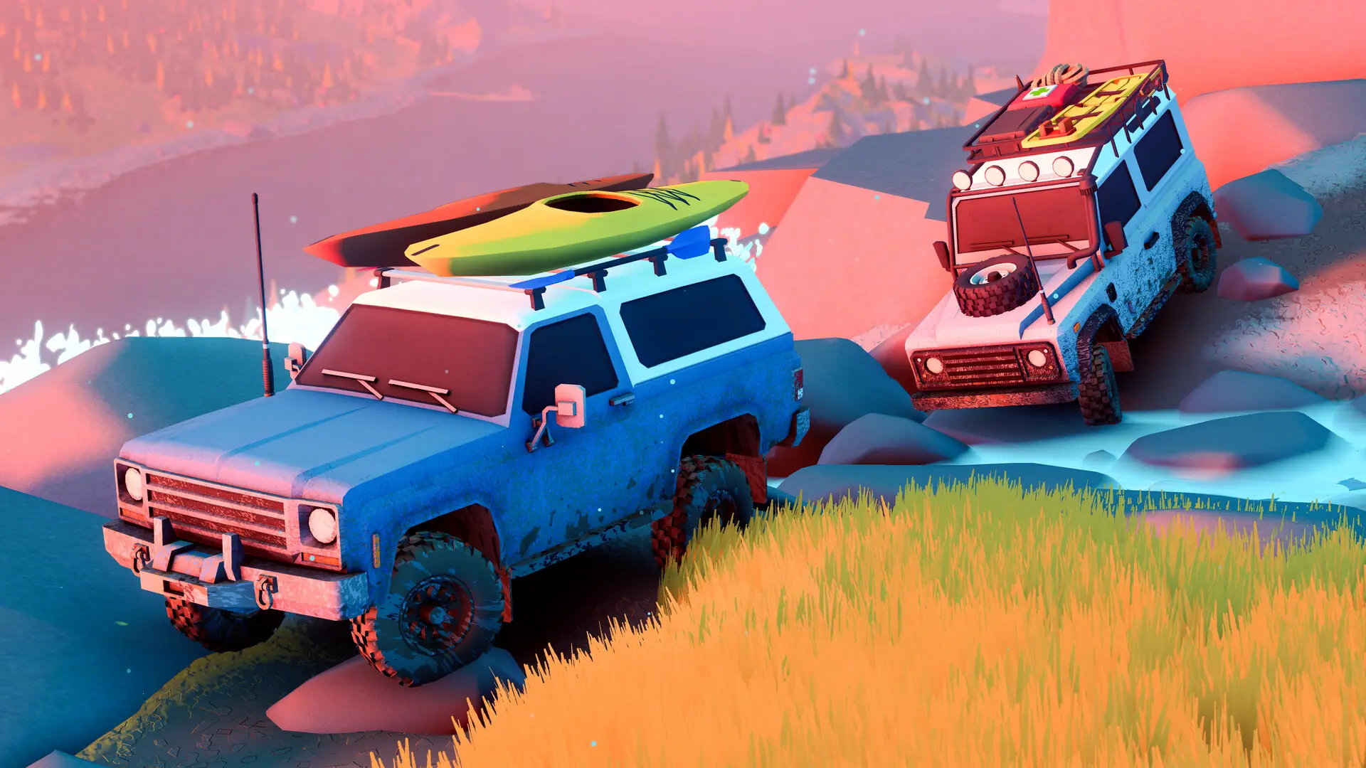 Over the Hill 3 | Loot Level Chill Two blue off-road SUVs navigate a rocky hill at sunset, a surfboard strapped to the roof of the leading vehicle.