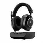 PlayStation-branded black gaming headset with cushioned ear cups and mic, displayed above a matching charging dock