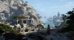 A warrior stands on a rocky ledge overlooking ancient ruined terraces near a blue sea with distant ships and a lighthouse on rocky islets.",