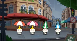 Cute cartoon kids carrying colorful umbrellas walk along a rainy city street with buildings, a traffic light, and storefronts in the background.