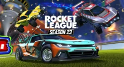Rocket League Season 23 promotional art with colorful cars racing and confetti in a stadium. Text reads 'ROCKET LEAGUE SEASON 23' in the center, blurred crowd in the background.