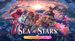 Group of adventurers charges forward in a vibrant sunset landscape, with the Sea of Stars logo and Sunset Edition text at the bottom.