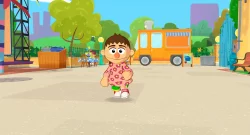 Cartoon boy in a pink floral shirt walks toward the camera in a sunny park with an orange food truck behind him.