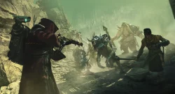 Hooded shooter with a futuristic rifle engages spiked, horned monsters in a rocky canyon with a greenish haze behind them, mid-battle.