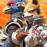 Group of animated animals in space suits posing together against an orange sci‑fi background with flying ships nearby.