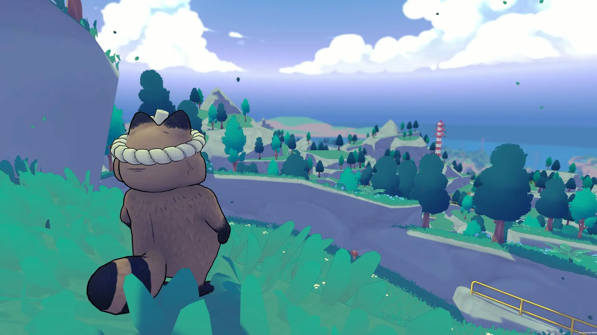Tanuki 1 | Loot Level Chill Anthropomorphic animal character with striped tail sits on a grassy hillside, looking toward a colorful coastal landscape.