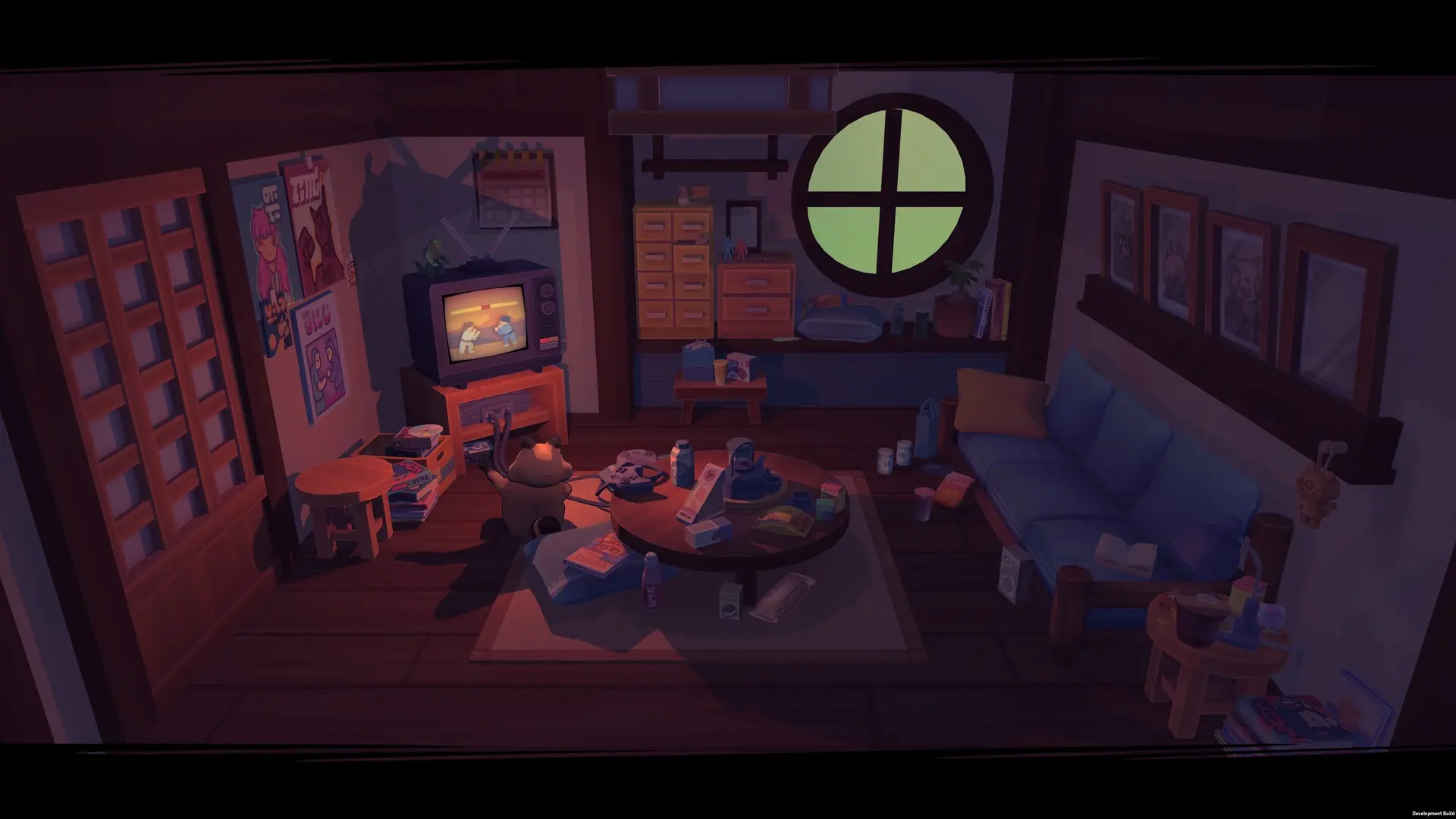 Tanuki 2 | Loot Level Chill Cozy cluttered living room at night: lamp glow, cat on the floor, coffee table strewn with junk and a small TV showing cartoons.