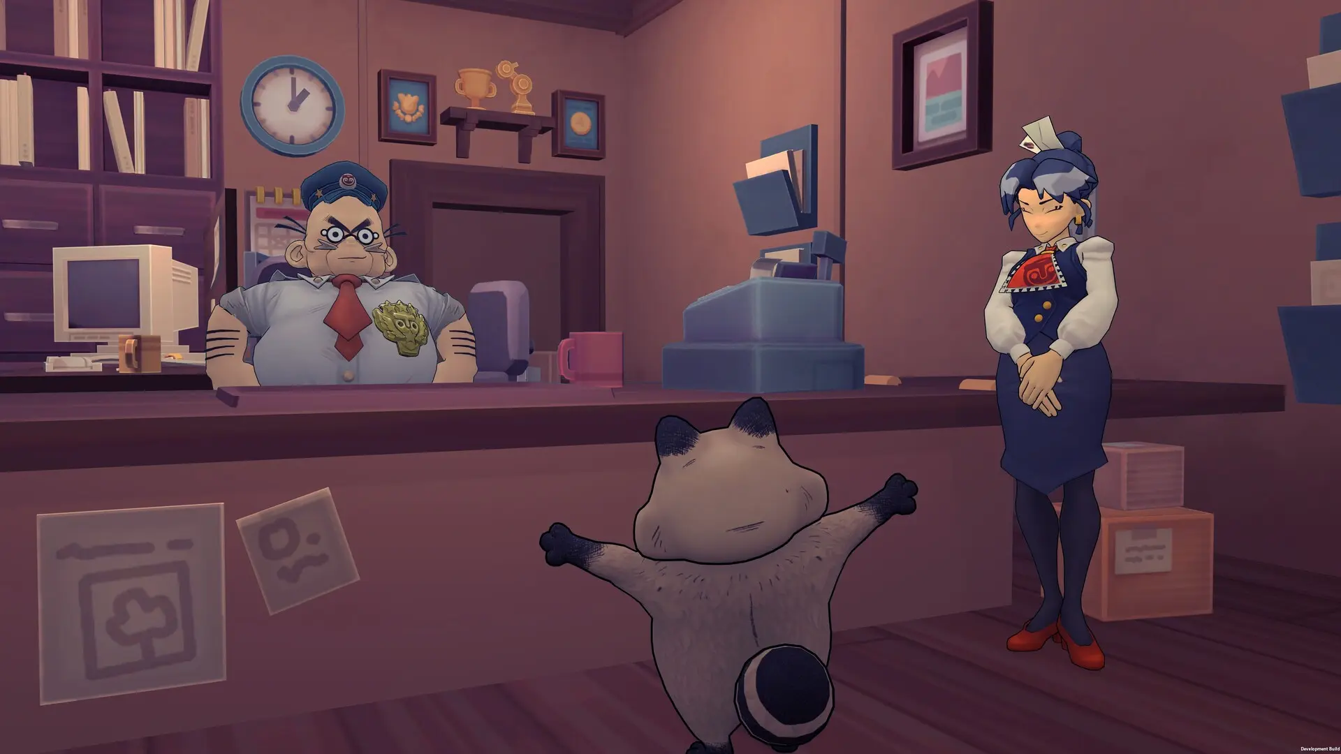 Tanuki 4 | Loot Level Chill Cartoon bear-like security guard and a clerk stand behind a counter as a small animal approaches from the floor toward them.