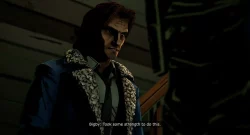 Close-up of a rugged man with a scar on his forehead, wearing a patterned blue coat and tie, in a dimly lit room as he speaks (subtitle reads: “Bigby: Took some strength to do this.”)
