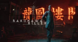 Poster for Bakunawa Killer: a masked figure in a teal coat stands in a dark, fiery setting with glowing red signs in the background.