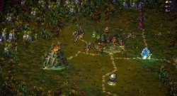 Isometric pixel-art fantasy strategy game map showing forest edge, a pyramid-like building, a central camp with tents and a green banner, and glowing portals along a dirt path.