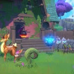 Vibrant fantasy scene with adventurers near an ivy-covered house and glowing magical effects.