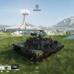 Tank firing/view from a moving armored vehicle in a grassy field with a futuristic tower in the distance, HUD visible (health, ammo, map).
