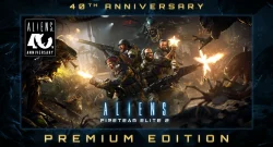Sci‑fi action poster: a squad of soldiers fights aliens in a dark frame; title reads 'Aliens: Fireteam Elite 2' with a '40th Anniversary' badge.