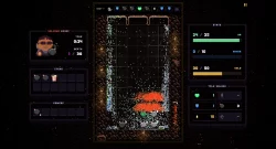 Pixel-art dungeon battle in a narrow vertical arena, with explosions and debris mid-action, surrounded by status and inventory panels on both sides.