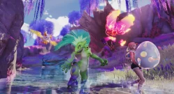 Surprised girl wearing shorts and sneakers holds a large glowing pastel egg in a purple fantasy landscape with a green beasts chasing nearby.