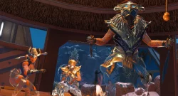 Group of armored warriors in gold and blue armor brandishing swords inside a wooden lodge with snow outside the windows.