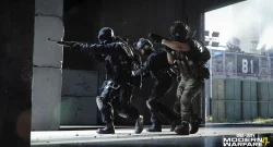 Three soldiers in tactical gear advance with rifles through a dim, industrial space; Call of Duty: Modern Warfare promotional image in the corner.”] }```Oops need multiple options JSON array. Provide proper. Let's fix.``` Hmm. I'll output properly.```. Wait format: {