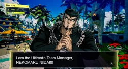 In-game cutscene: a muscular man with chains and a black coat on a tropical beach stage, dialogue reads 'I am the Ultimate Team Manager, NEKOMARU NIDAI!!!'
