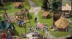 Isometric view of a medieval village battle with soldiers lining up and a hero moving along a grassy path, UI HUD around edges.