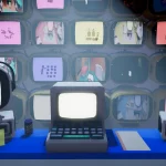 Control room with a wall of old CRT screens displaying colorful icons, a central laptop, and two retro monitors on a blue desk.