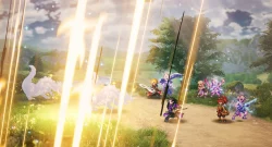 A group of colorful chibi-style adventurers battles glowing yellow energy beams on a sunny countryside path.