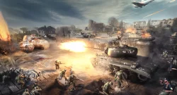 Chaotic battlefield with tanks firing, soldiers advancing, and explosions amid ruined buildings and smoke-filled skies.