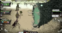 Adventurers face a massive horned monster on a bleak, skull-strewn battleground.