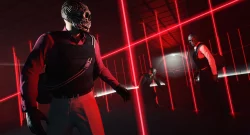 Three masked figures in dark outfits stand in a red neon grid corridor, creating a futuristic danger vibe.