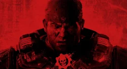 Battle-worn soldier in a red-tinted scene, helmeted and armored, with a skull emblem on the chest.