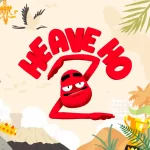 Playful red cartoon character raises its arms under bold red lettering in a chaotic tropical collage with palm trees, plants, animals, and doodles like food, gadgets, and crowns.