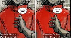 Side-by-side comic panels of a person in a red jacket with a reaching hand; speech bubble says 'Call me Kaz.' Left is low resolution, right is high resolution.
