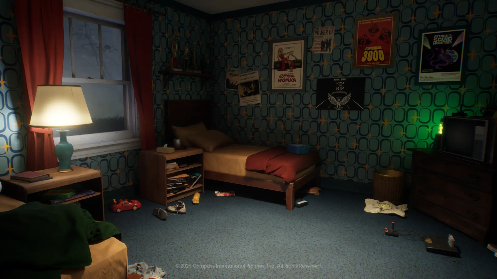 Dimly lit child’s bedroom with retro teal wallpaper, a single bed, nightstand, lamp, posters on the wall, and toys scattered on the carpet.