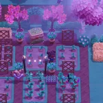Top-down view of a colorful garden with fenced plots, purple trees, and characters in a fantasy game setting at nightfall.