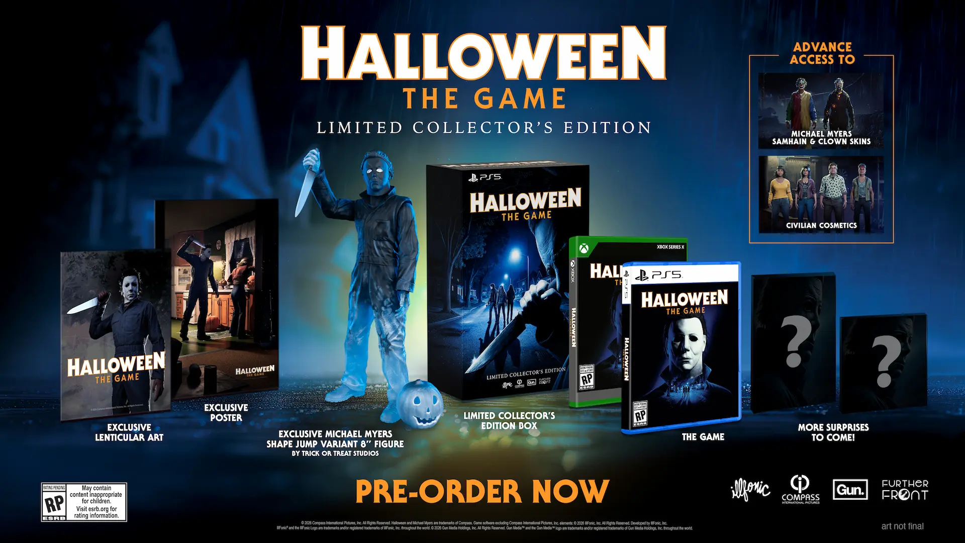 Promotional collage for Halloween: The Game Limited Collector's Edition with boxed game, posters, figures, and pre-order banner.