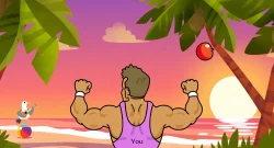Back view of a muscular cartoon person in a purple singlet raising fists on a pink sunset beach, with palm trees, a seagull playing guitar, and a ball nearby.