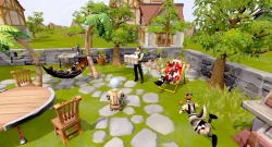 Fantasy garden courtyard with characters gathering: a man carries a tray of mugs while others relax in a hammock and chair, near a stone wall and lush trees.