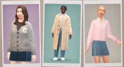 Three stylized avatars shown in separate pastel panels: a woman in a gray cardigan and dark denim skirt on the left, a man in a beige coat and light jeans in the center, and a person in a pink striped sweater and denim skirt on the right.
