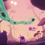 Green, worm-like alien gliding through a surreal pink-purple forest filled with small purple organisms and rounded plants.