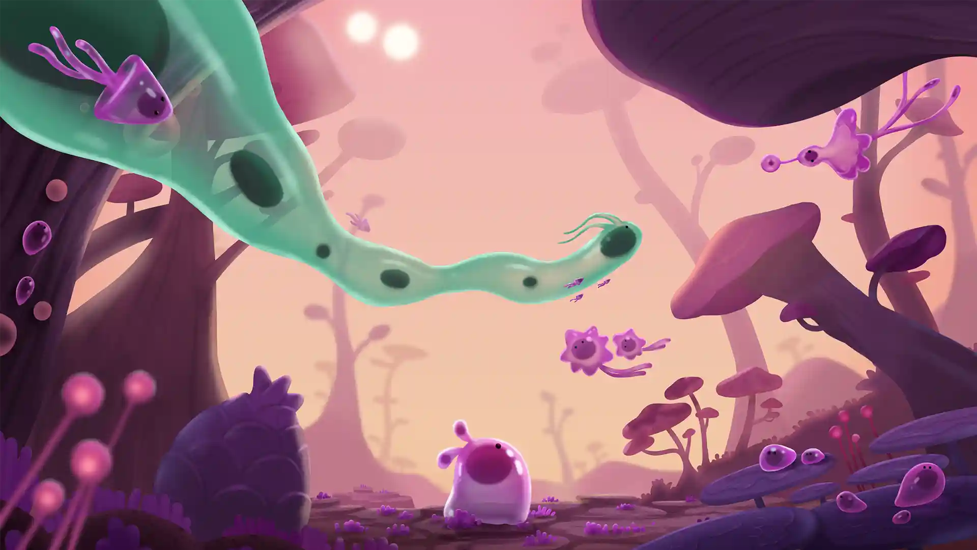 What Surrounds Us - tangkapan layar gameplay dengan pemandangan lingkaran-lingkaran hijau dan latar langit senja
