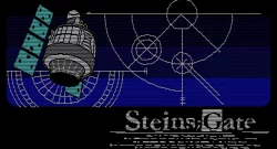 Steins;Gate title screen with blueprint-style diagrams, a satellite-like device, and a blue gradient on a black background.