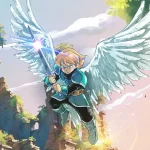 Angelic warrior with glowing sword hovers between ancient ruined cliffs at sunset, large white wings spread.